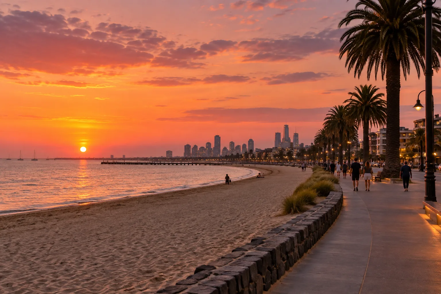 Illustrative Melbourne bayside beach and palm-lined promenade at twilight