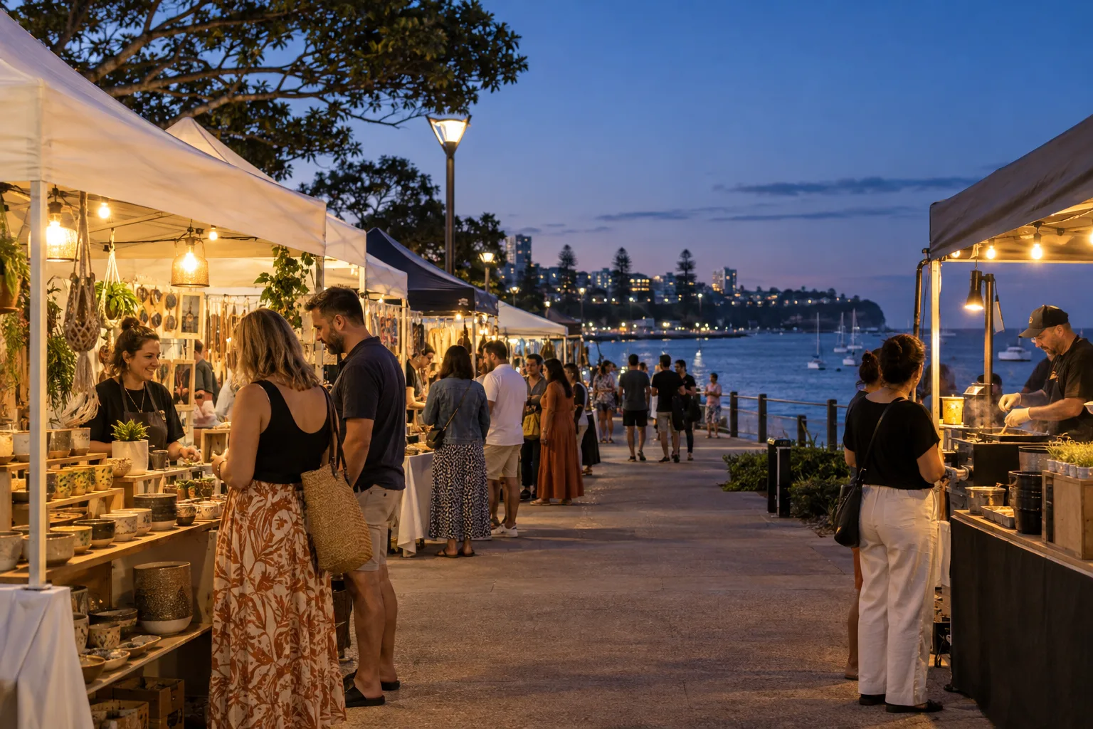 Illustrative generic evening artisan market beside an Australian coastal promenade
